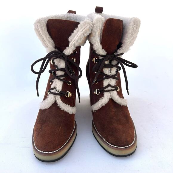 Napoleoni Perisa Suede Wedge Heeled Boots Shearling Camel 37 Lace Up Tan 7 - Picture 4 of 9